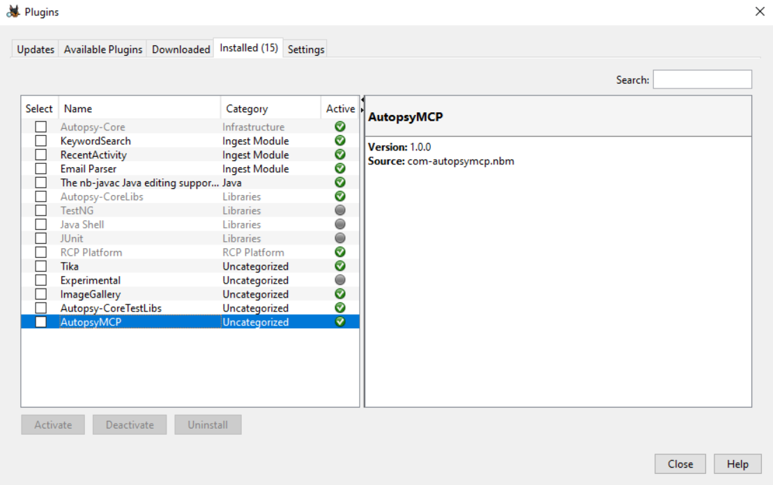 Screenshot of Autopsy Plugins panel showing AutopsyMCP installed and active