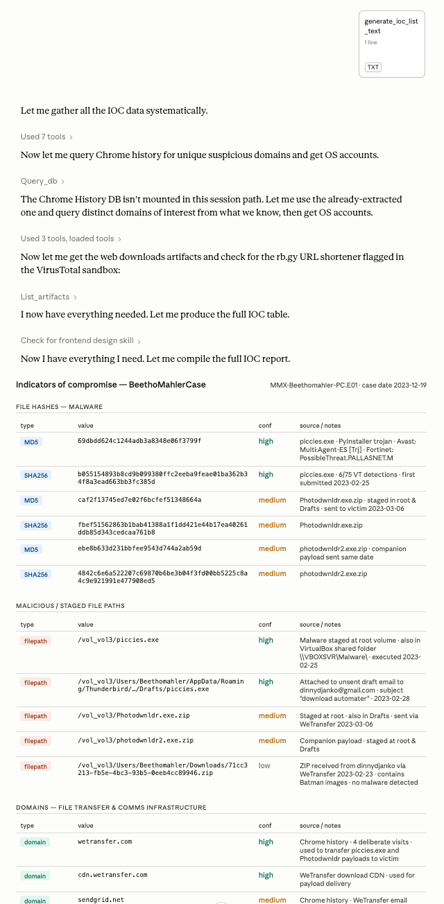 Sample output from the `generate_ioc_list` playbook